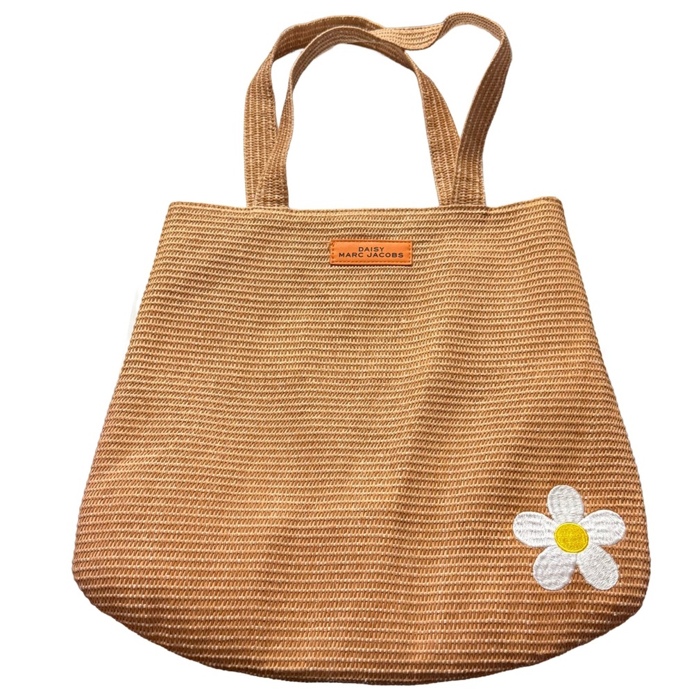 Daisy Marc Jacobs Tan Woven Straw Tote Bag Orange Lining Floral Flower Beach